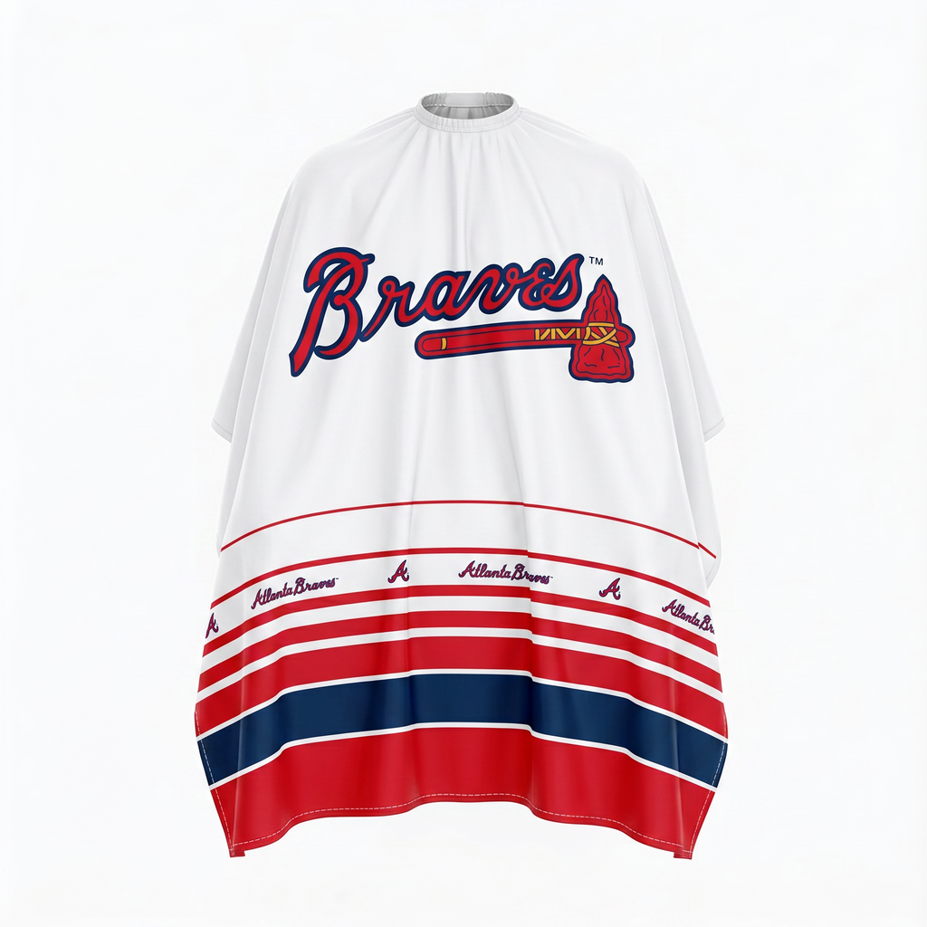 White cape with Atlanta Braves logo and red and blue stripes on a white background
