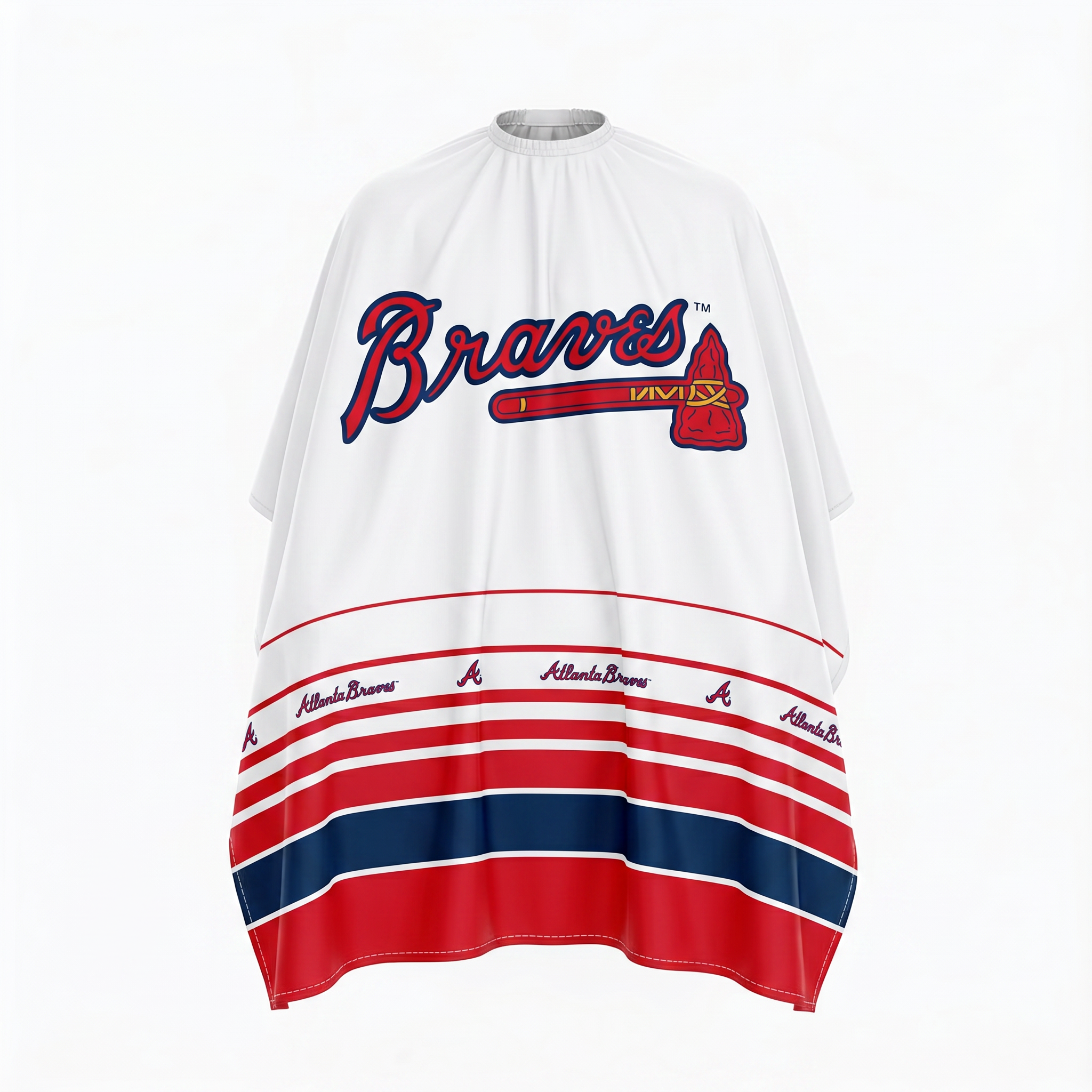 White cape with Atlanta Braves logo and red and blue stripes on a white background