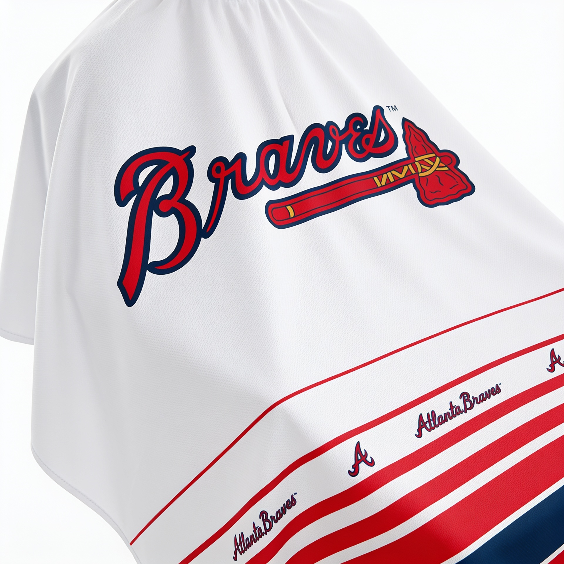 Atlanta Braves barber cape reps the navy and red on every cut