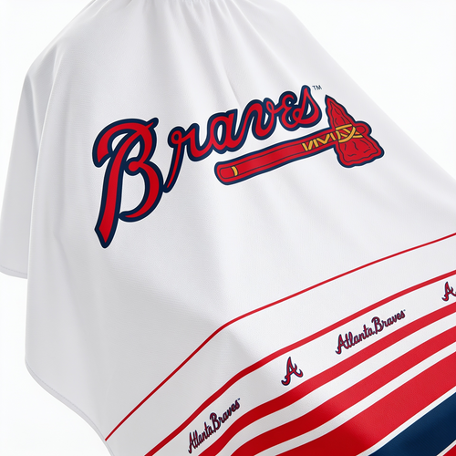 Atlanta Braves barber cape reps the navy and red on every cut