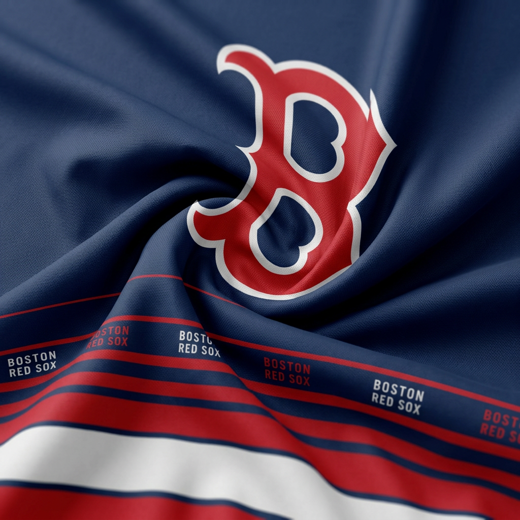 Boston Red Sox logo on a fabric background with stripes