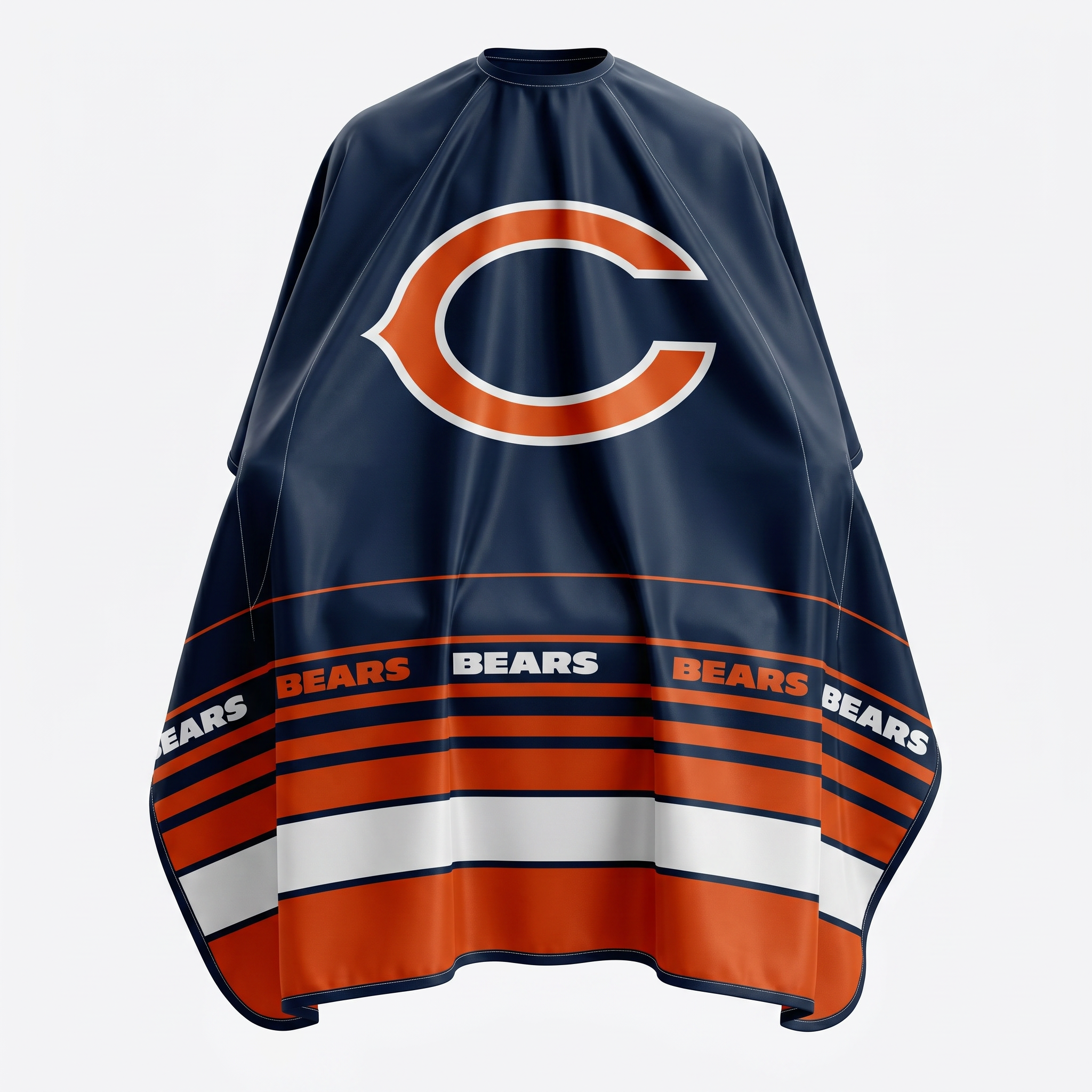 Navy blue cape with orange and white stripes and 'Bears' branding on a light gray background