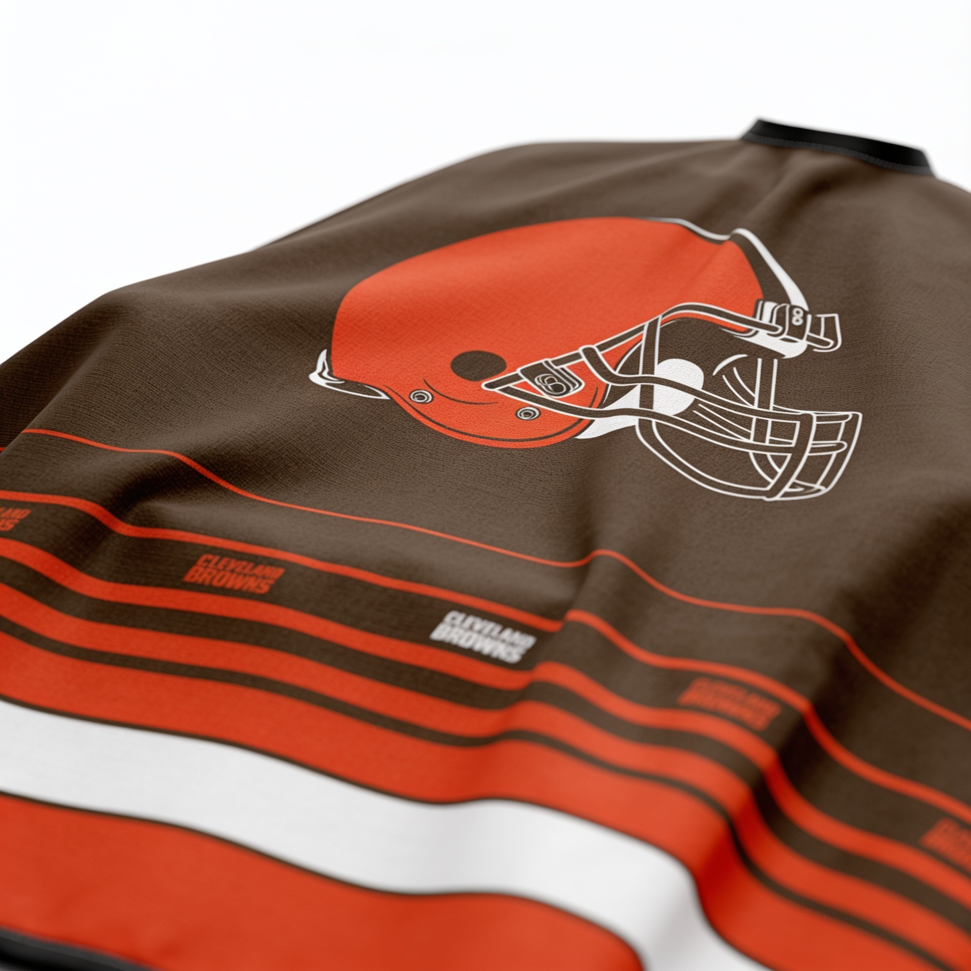 Brown barber cape with helmet logo and 'Cleveland Browns' text on a white background