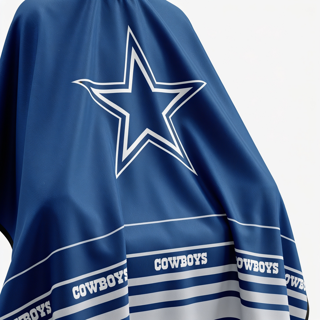Blue barber cape with white star and 'Cowboys' text on a white background