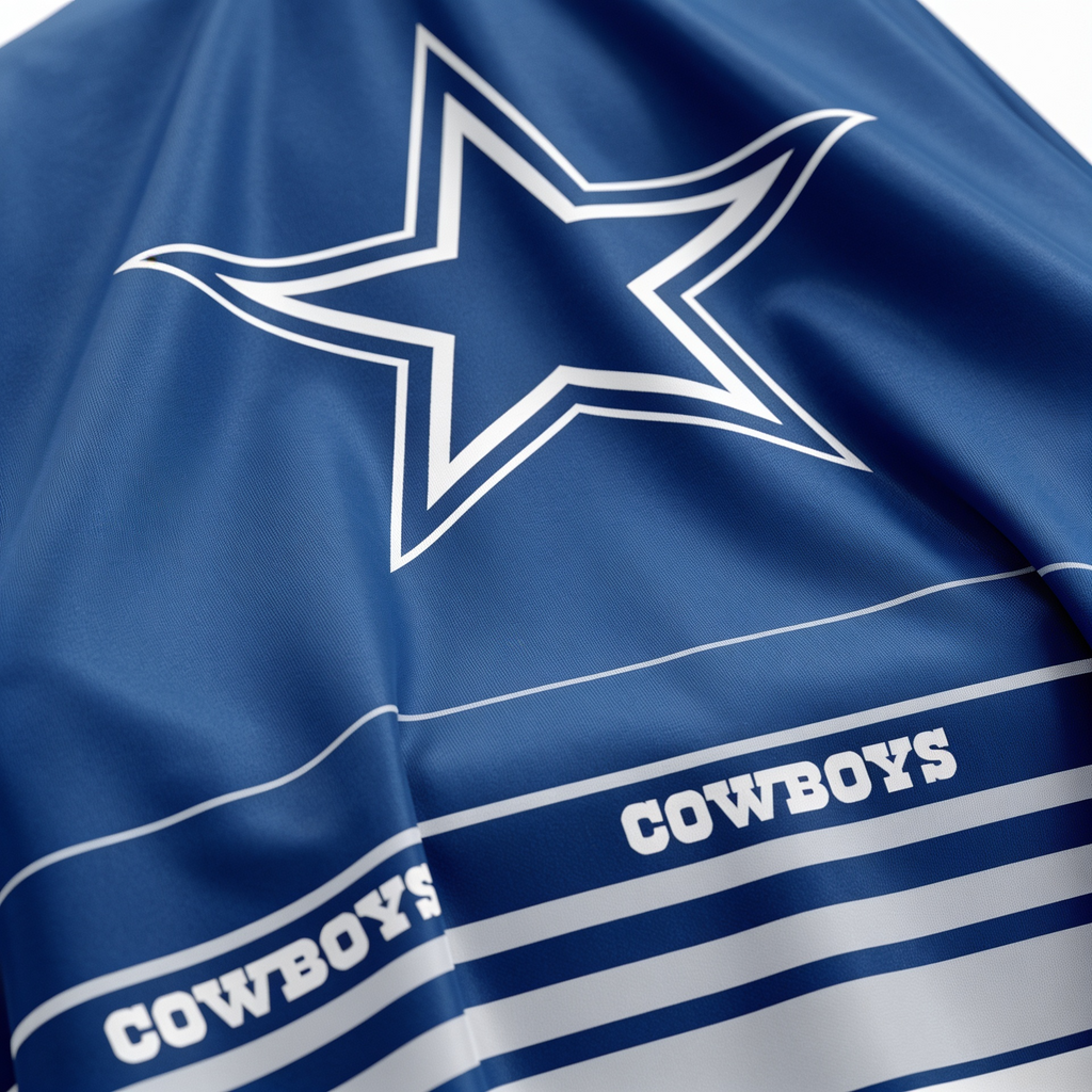 Close-up of a blue fabric with a white star and 'COWBOYS' text, likely representing a sports team logo.
