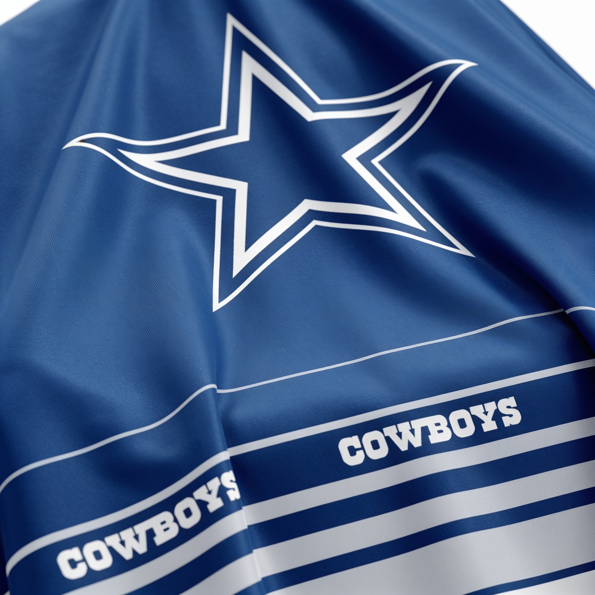 Close-up of a blue fabric with a white star and 'COWBOYS' text, likely representing a sports team logo.