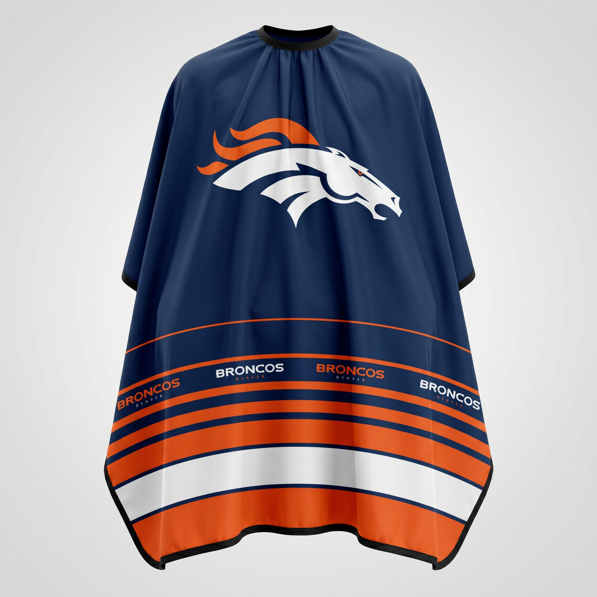 Denver Broncos-themed barber cape with logo and branding on a light gray background