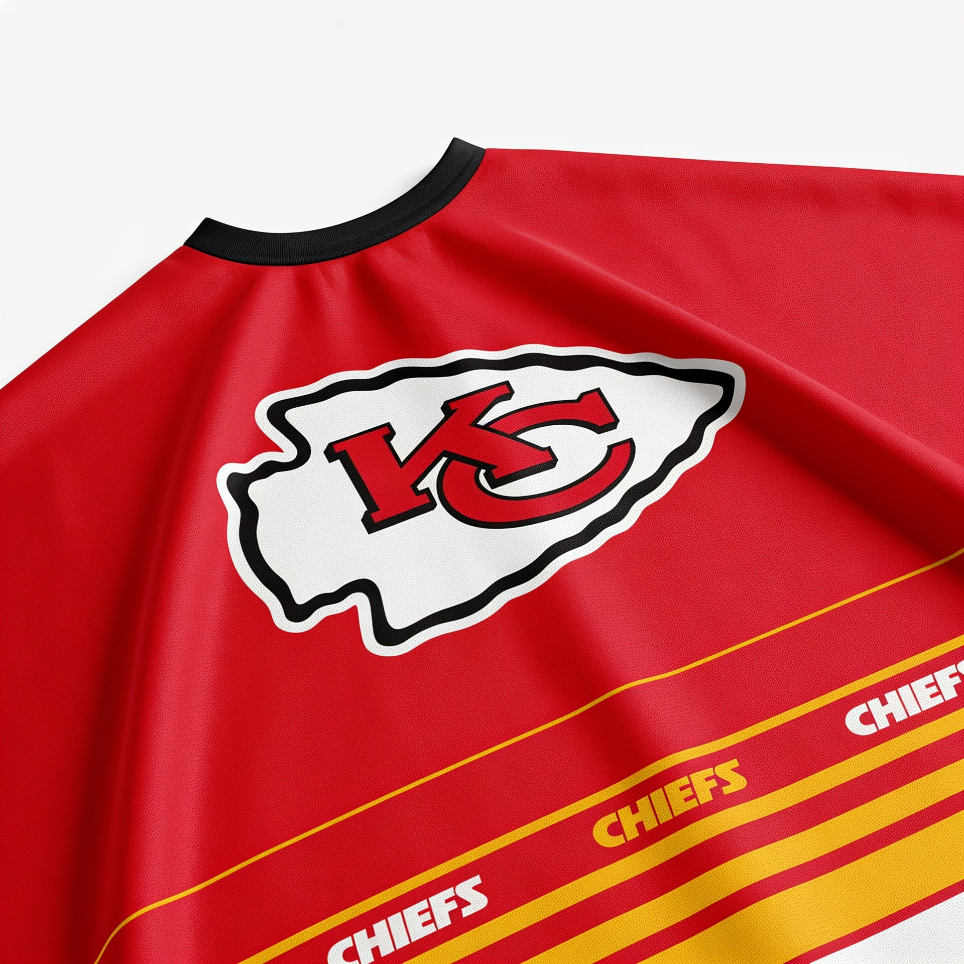 Red barber cape with 'CHIEFS' logo and text on a white background