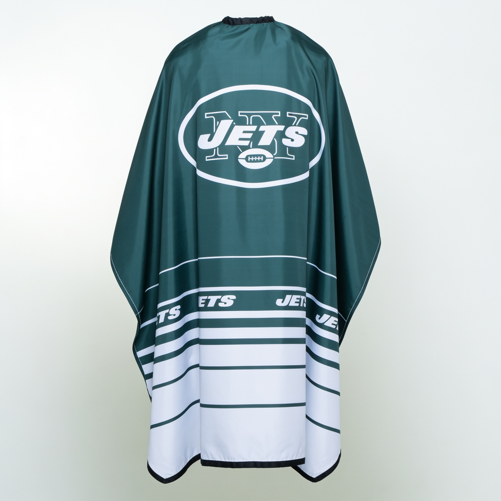 Green and white cape with 'JETS' logo on a light gray background