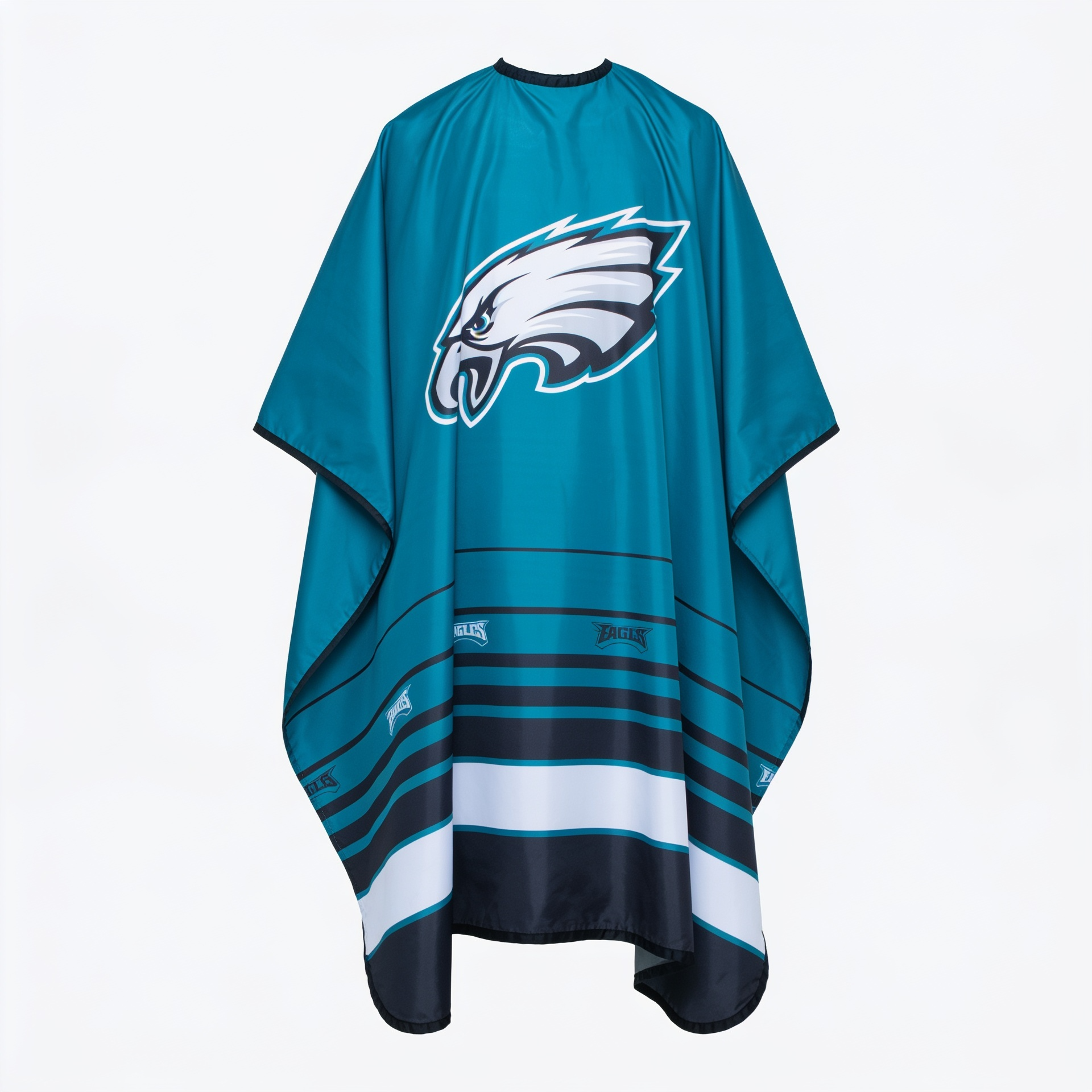 Teal barber cape with Eagles logo on a white background