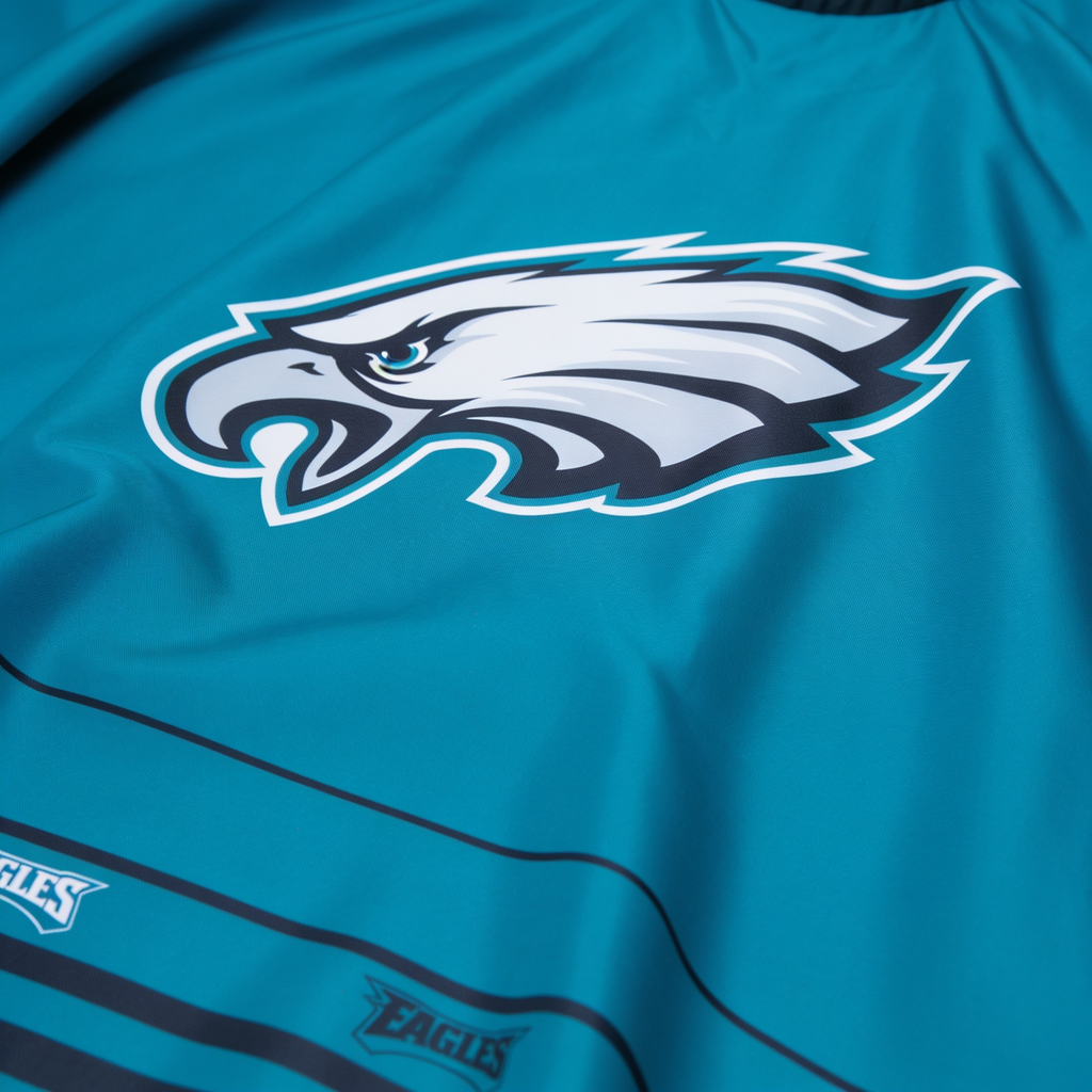 Teal barber cape with an eagle logo on a white background.