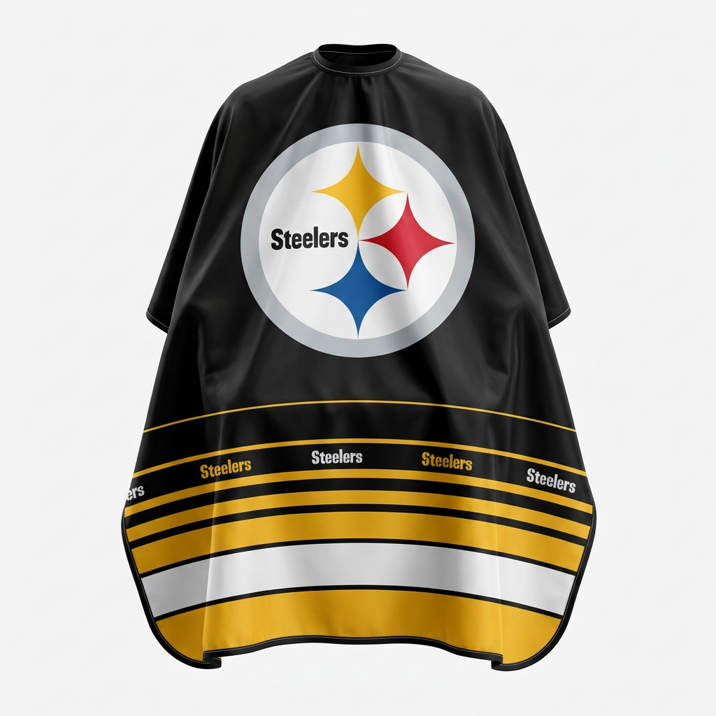 Black barber cape with Pittsburgh Steelers logo and stripes on a white background