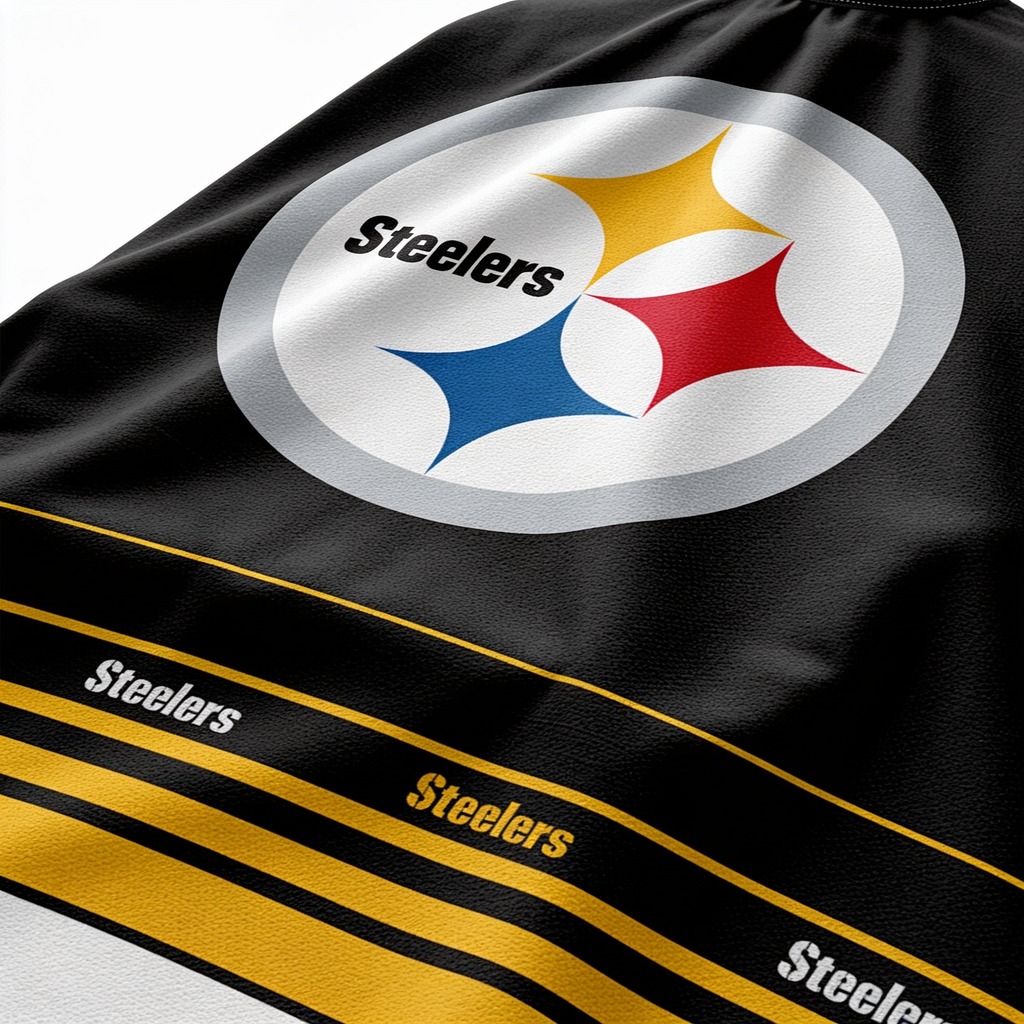 Close-up of a black barber cape with Steelers logo and text