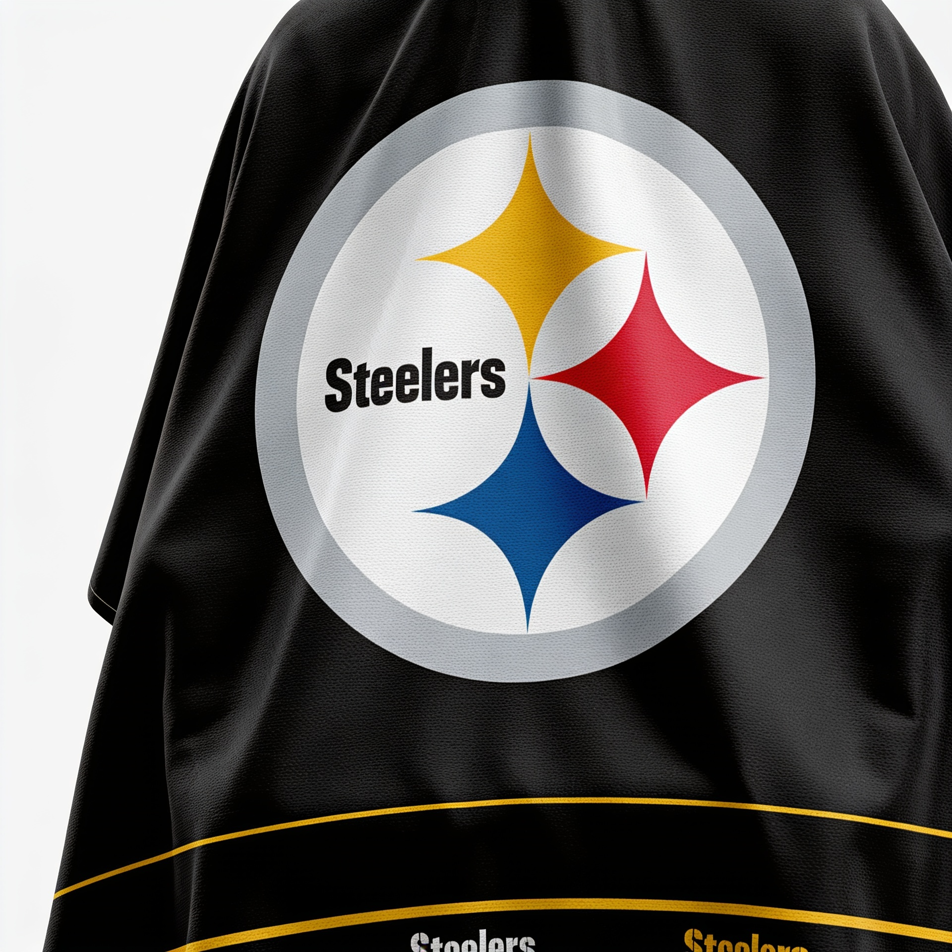 Black barber cape with Steelers logo on a white background