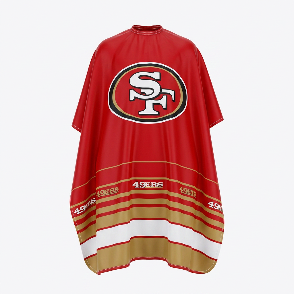 Red cape with San Francisco 49ers logo and branding on a white background