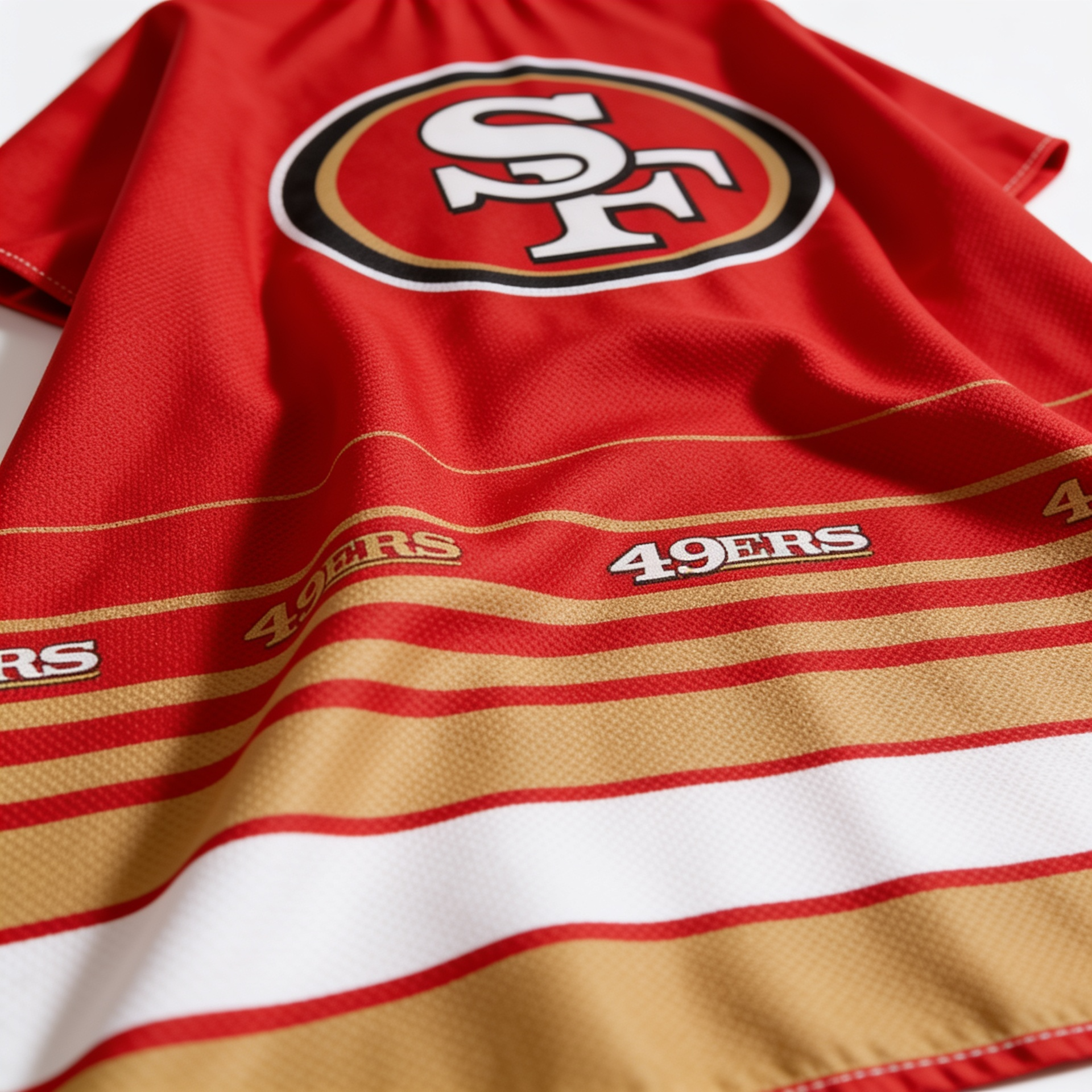 Red barber cape with 49ers logo and text on a white background